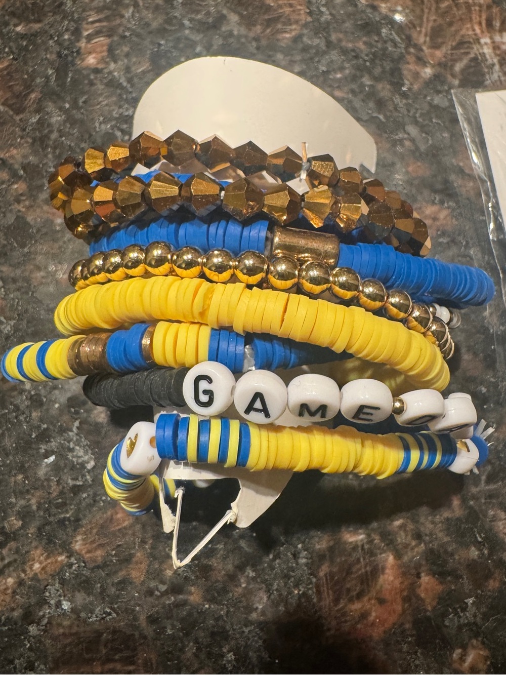 Stacked Blue and Yellow Game Bead Bracelet Set